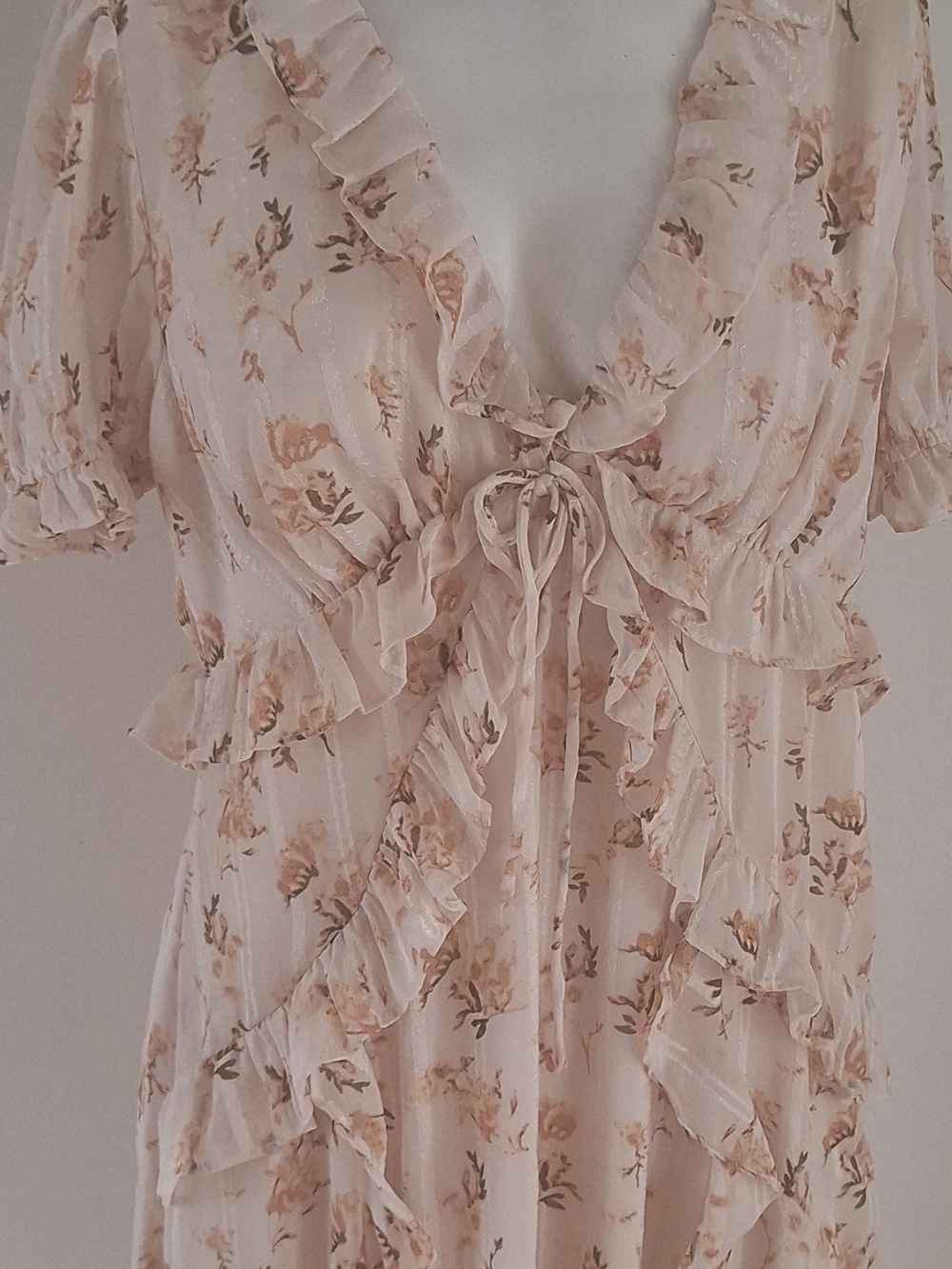 Storia Cream Floral babydoll Y2k Ruffle Midi Dress Sz L Junior
